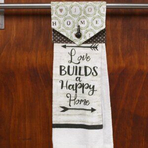 LOVE BUILDS A HAPPY HOME HAND TOWEL BROWN GREEN HANDMADE HANGING KITCHEN COTTON